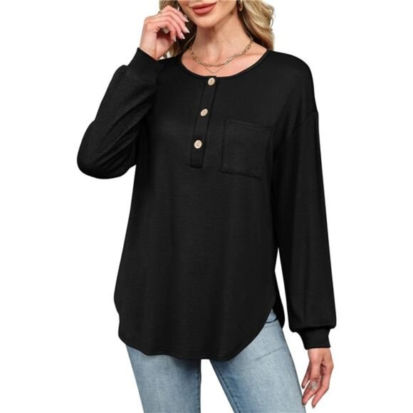 Versatile V-Neck Henley Tunic – Curved Hem Long Sleeve Top with Pocket - Picture 4 of 6